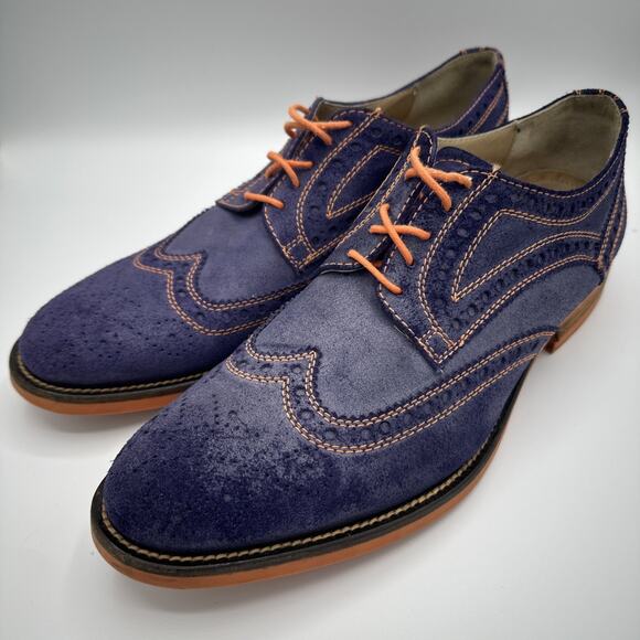 Donald J Pliner Shoes Mens 10 M Blue Suede Oxford Wingtip Brogue Contrast Stitch - Picture 1 of 9